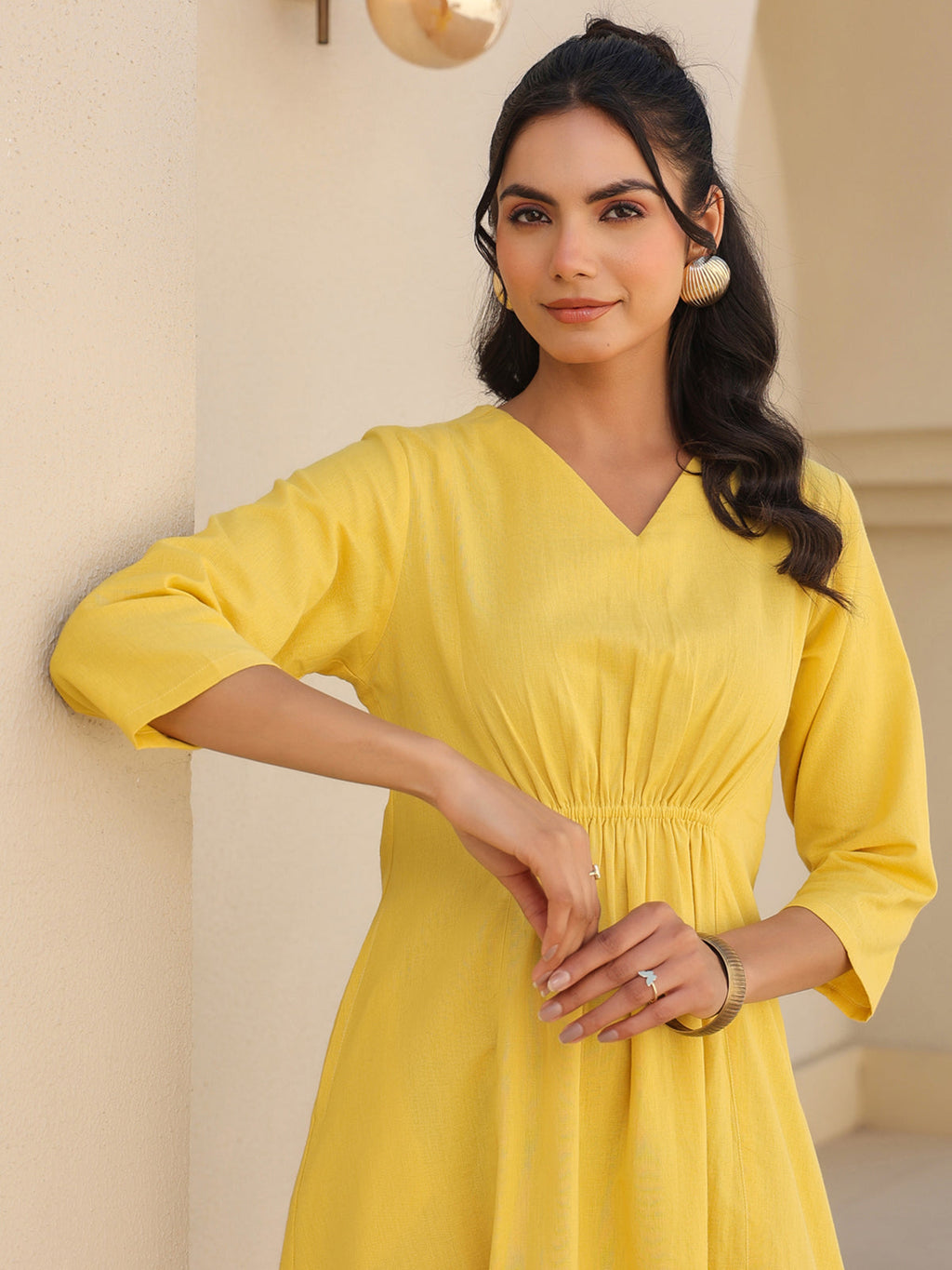 Janasya Bright Cotton Solid A-Line Dress | Grocsy