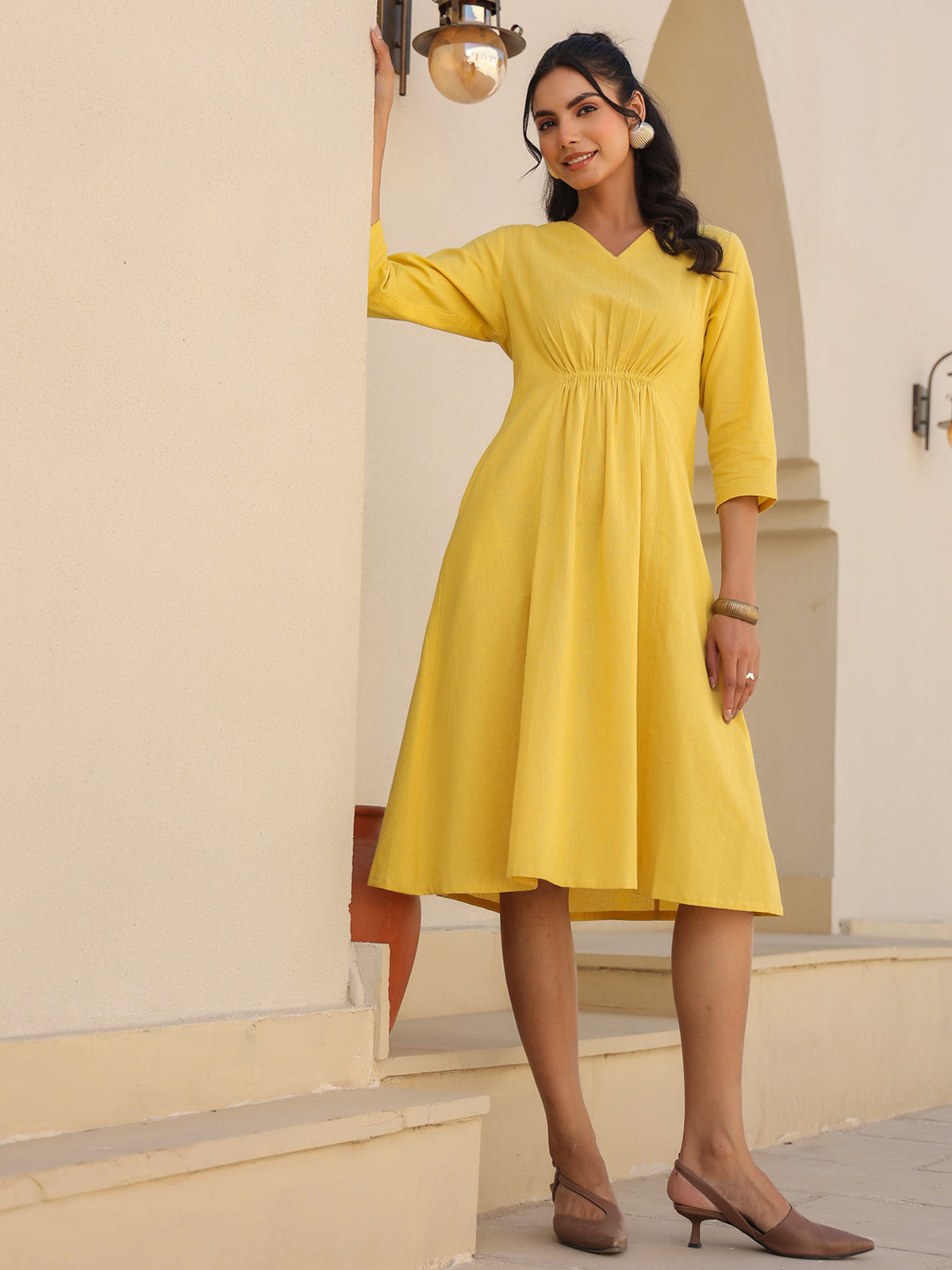 Janasya Bright Cotton Solid A-Line Dress | Grocsy