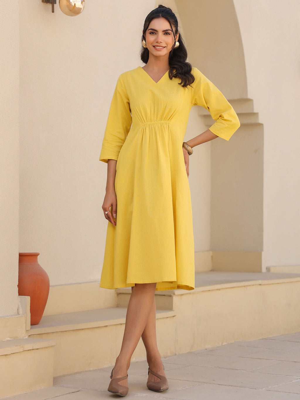 Janasya Bright Cotton Solid A-Line Dress | Grocsy