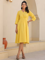 Janasya Bright Cotton Solid A-Line Dress | Grocsy
