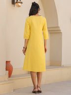 Janasya Bright Cotton Solid A-Line Dress | Grocsy