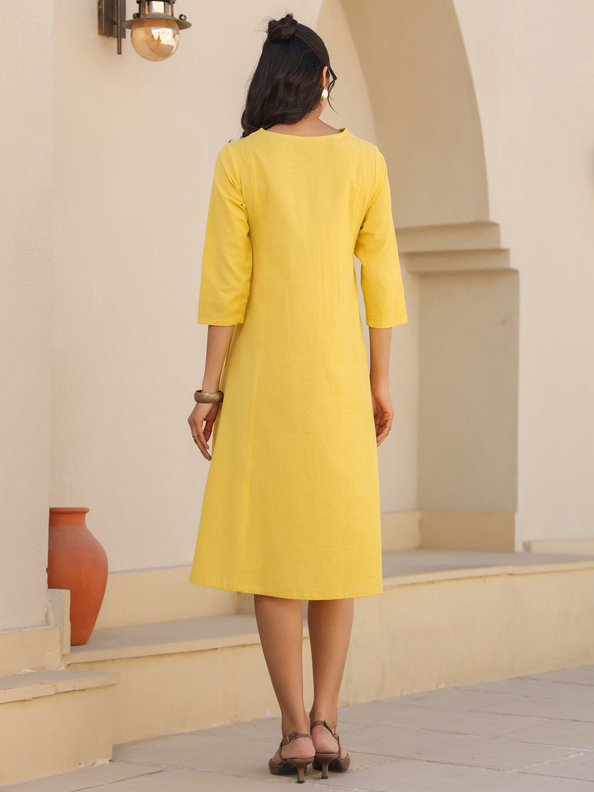 Janasya Bright Cotton Solid A-Line Dress | Grocsy