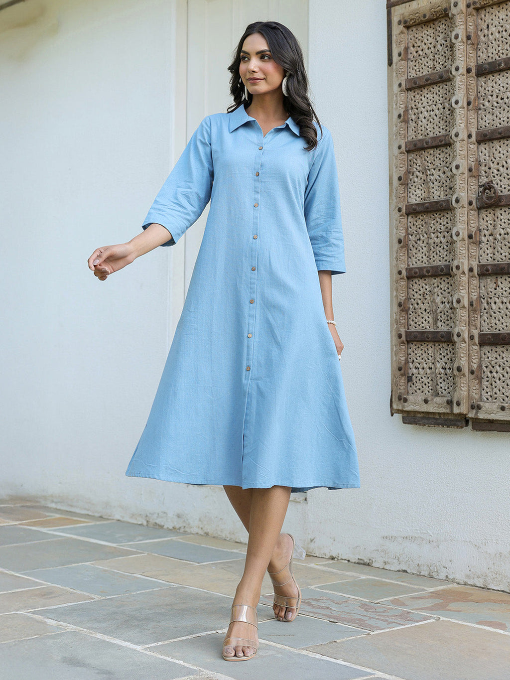 Janasya Light Cotton Solid A-Line Dress | Grocsy