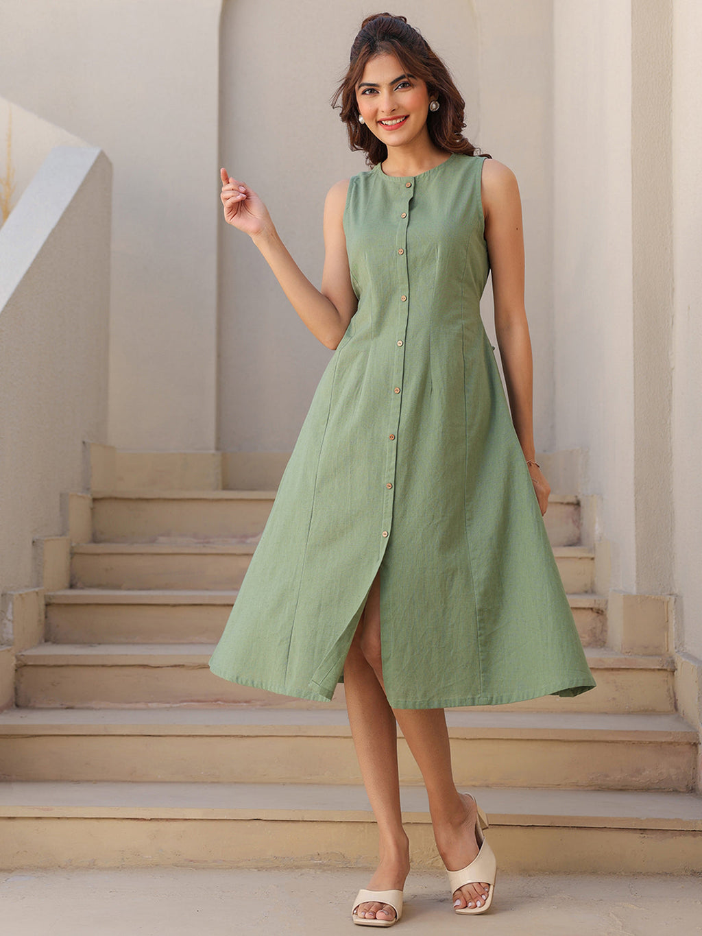 Janasya Dark Cotton Solid A-Line Dress | Grocsy