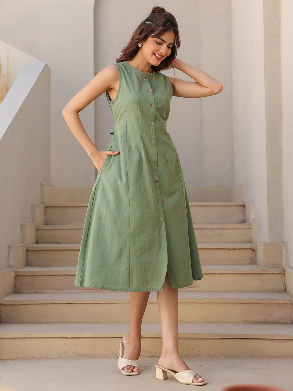 Janasya Dark Cotton Solid A-Line Dress | Grocsy