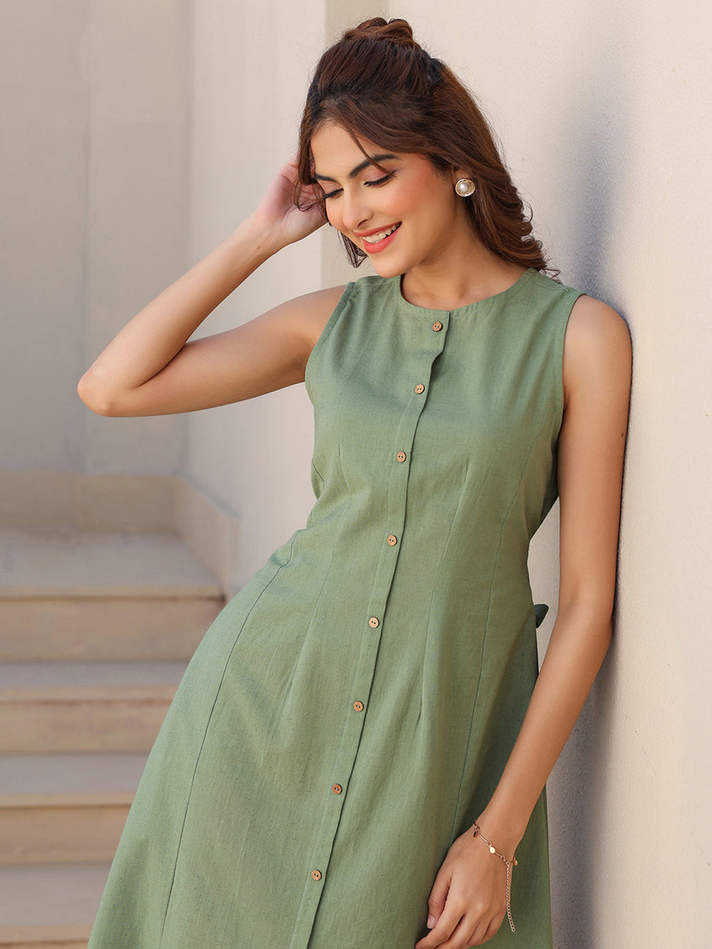 Janasya Dark Cotton Solid A-Line Dress | Grocsy