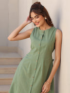 Janasya Dark Cotton Solid A-Line Dress | Grocsy