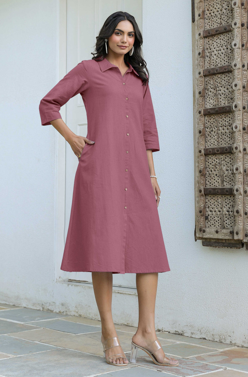 Janasya Dark Cotton Solid A-Line Dress | Grocsy