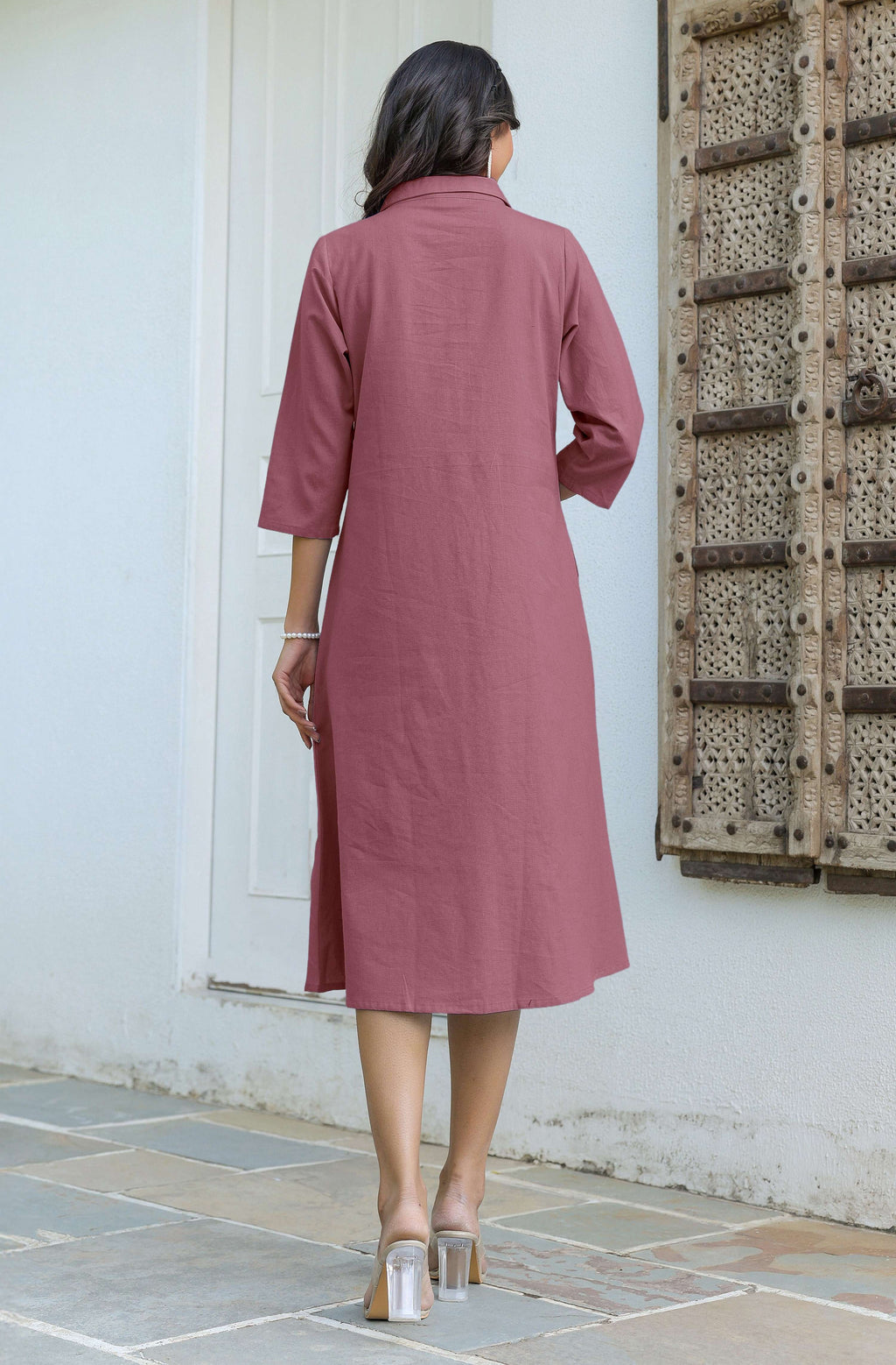 Janasya Dark Cotton Solid A-Line Dress | Grocsy