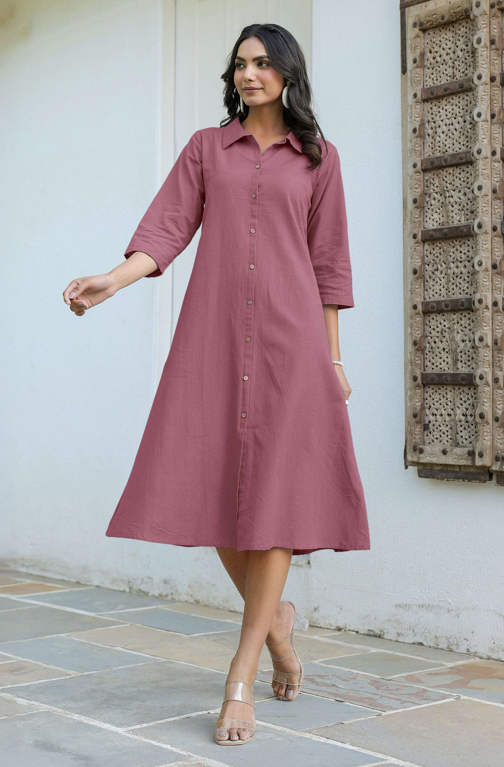 Janasya Dark Cotton Solid A-Line Dress | Grocsy