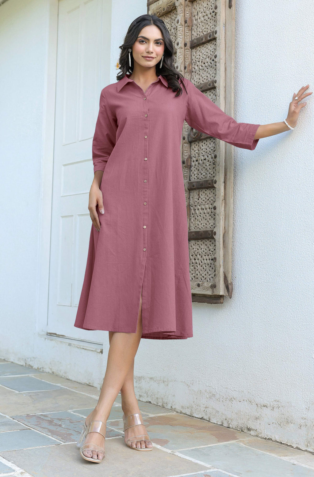 Janasya Dark Cotton Solid A-Line Dress | Grocsy