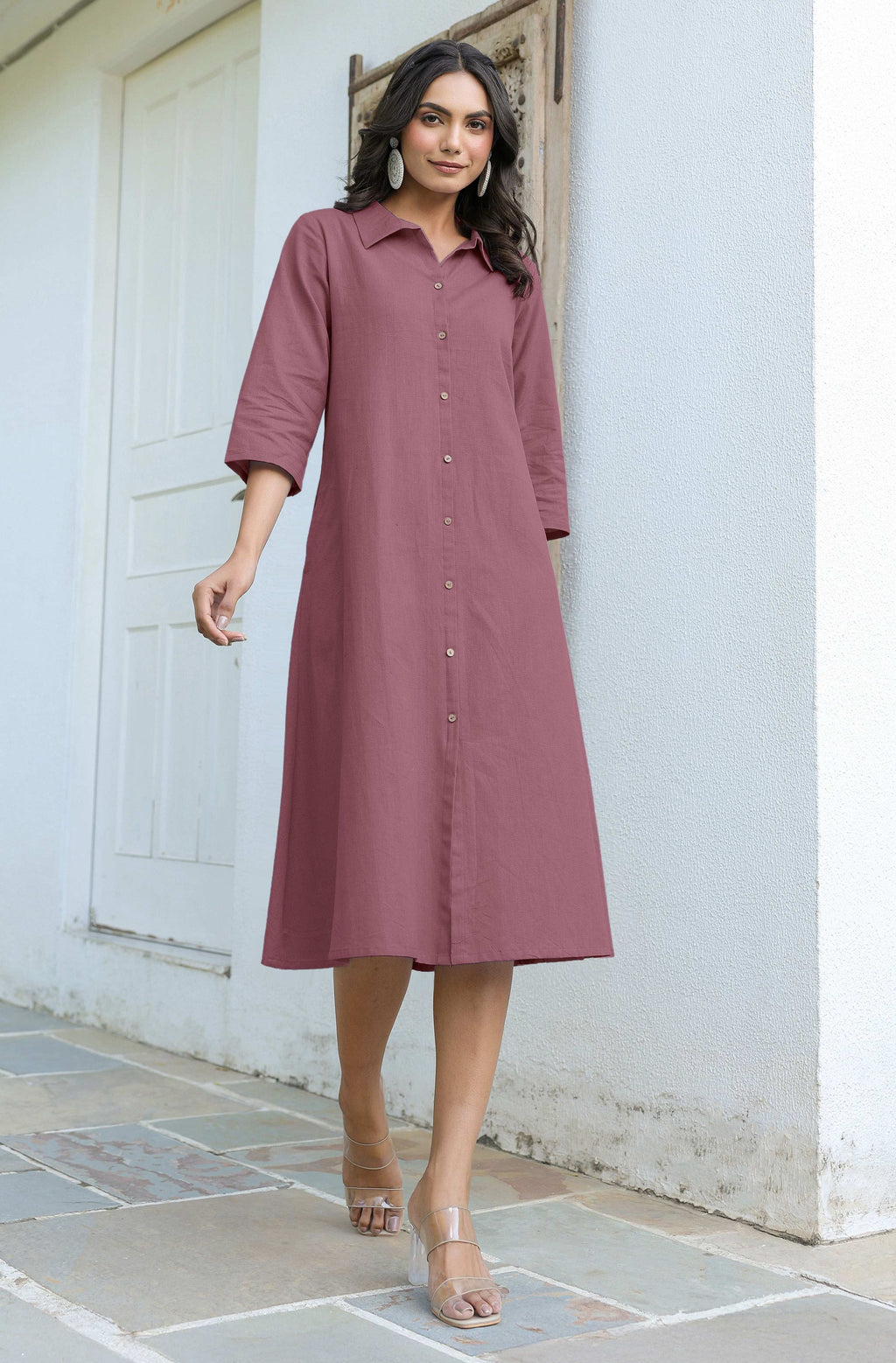 Janasya Dark Cotton Solid A-Line Dress | Grocsy