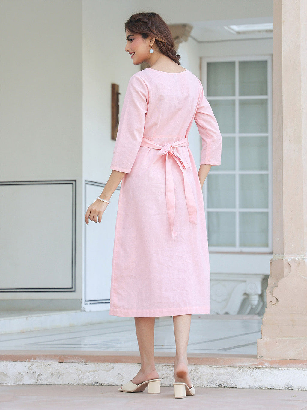 Janasya Light Cotton Solid A-Line Dress | Grocsy