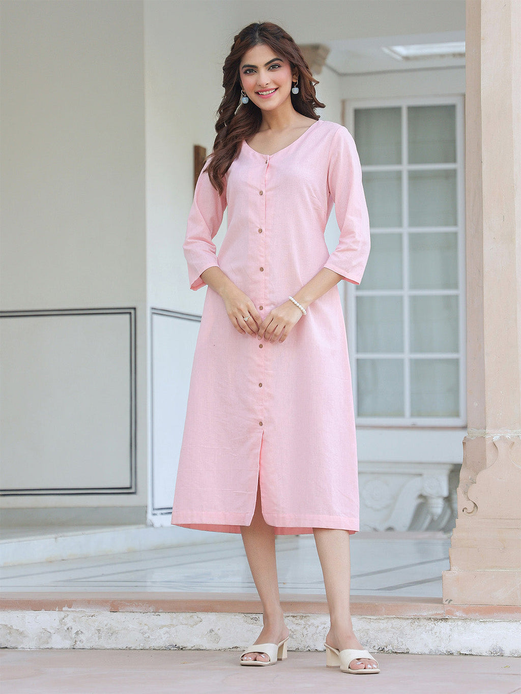 Janasya Light Cotton Solid A-Line Dress | Grocsy