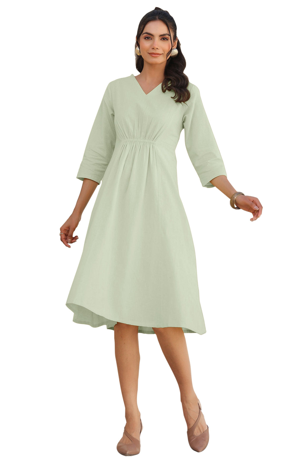Janasya Light Cotton Solid A-Line Dress | Grocsy