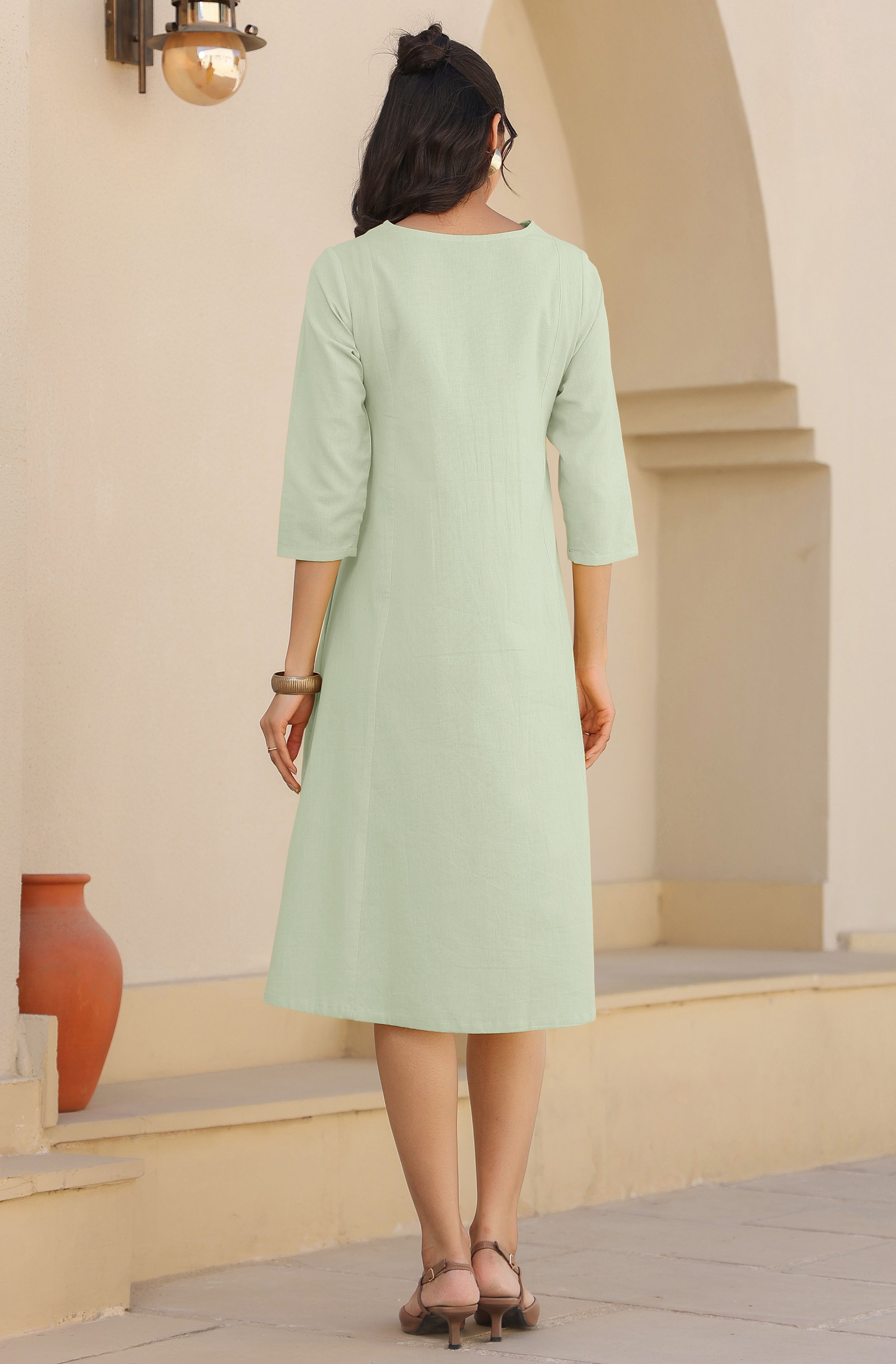Janasya Light Cotton Solid A-Line Dress | Grocsy