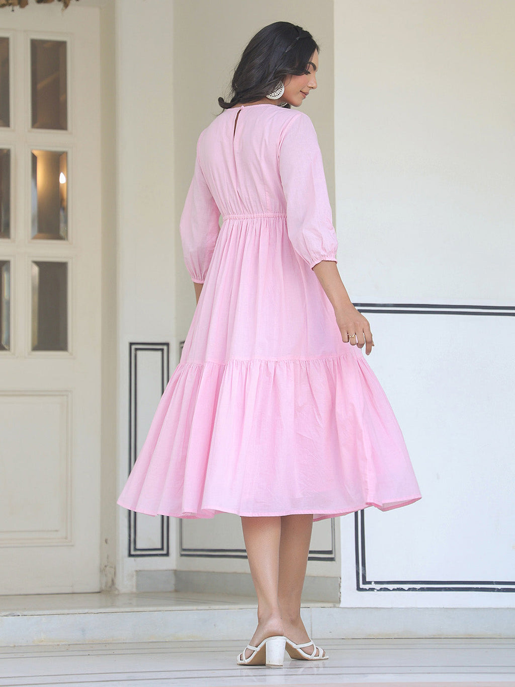 Janasya Light Cotton Solid Tiered Dress | Grocsy