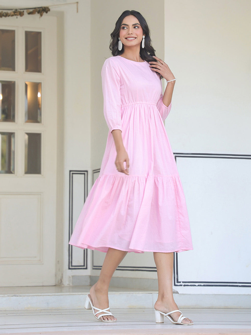 Janasya Light Cotton Solid Tiered Dress | Grocsy