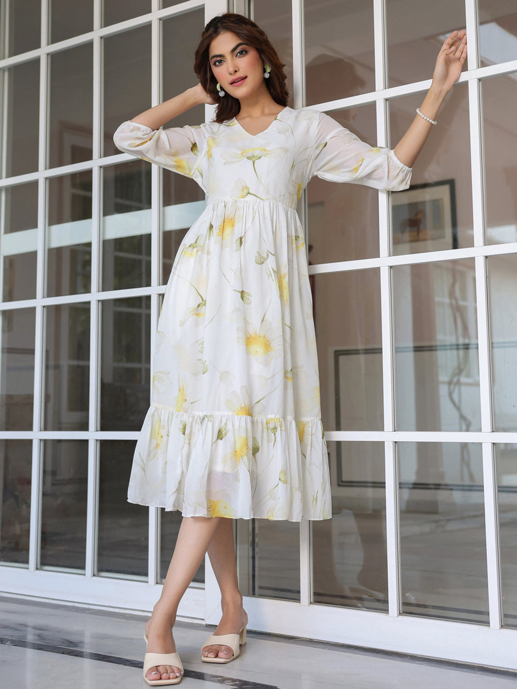 Janasya Light Georgette Floral Tiered Dress | Grocsy