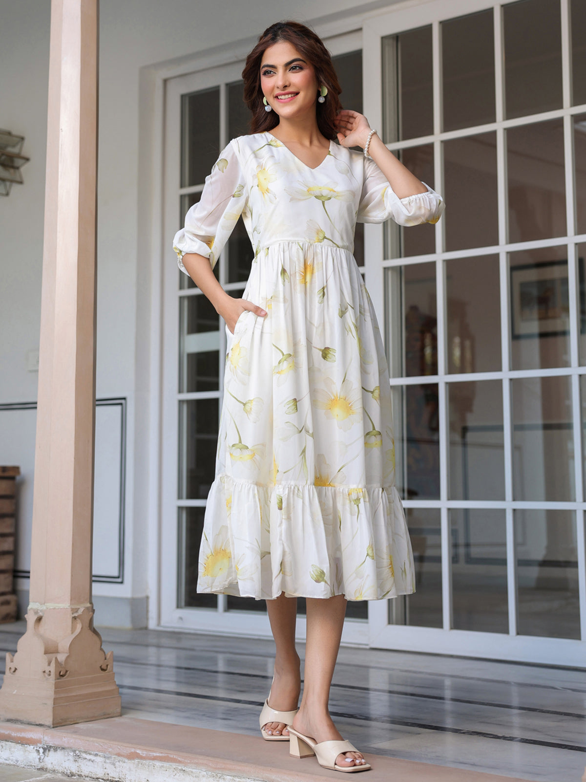 Janasya Light Georgette Floral Tiered Dress | Grocsy