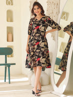 Janasya Dark Rayon Floral A-Line Dress | Grocsy