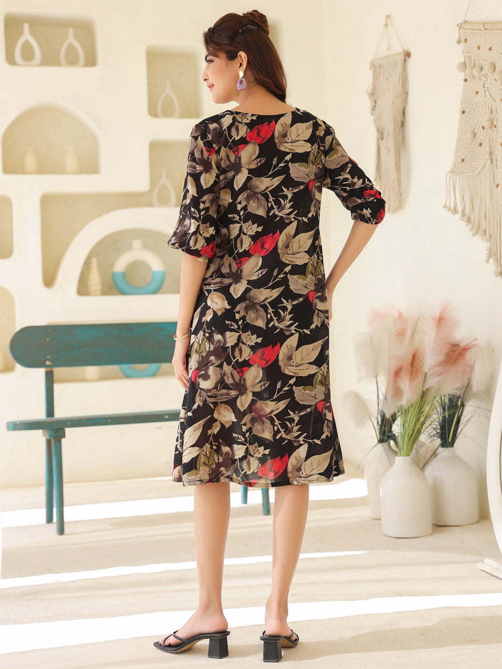 Janasya Dark Rayon Floral A-Line Dress | Grocsy