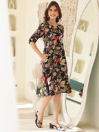 Janasya Dark Rayon Floral A-Line Dress | Grocsy