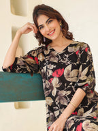 Janasya Dark Rayon Floral A-Line Dress | Grocsy