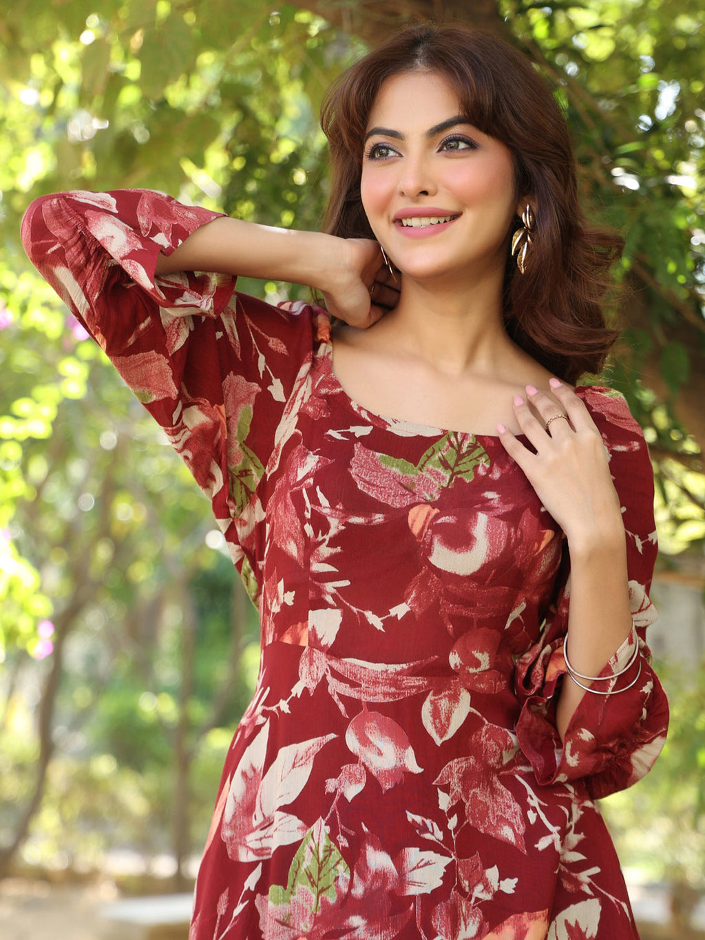 Janasya Dark Rayon Floral A-Line Dress | Grocsy