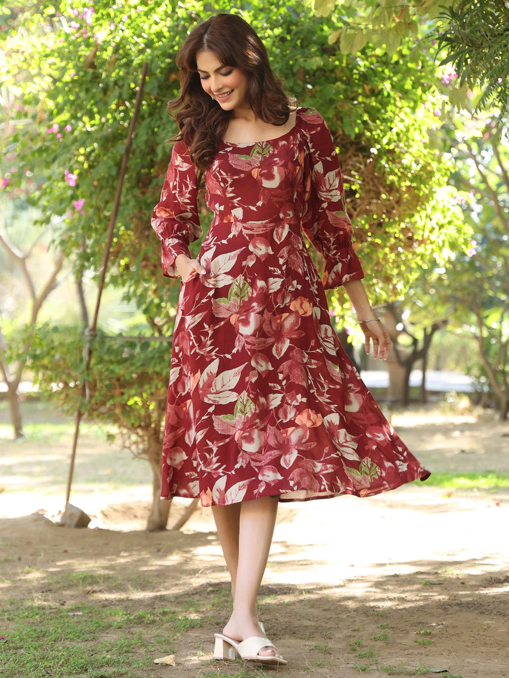 Janasya Dark Rayon Floral A-Line Dress | Grocsy
