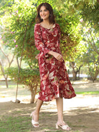 Janasya Dark Rayon Floral A-Line Dress | Grocsy