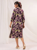 Janasya Dark Cotton Floral A-Line Dress | Grocsy