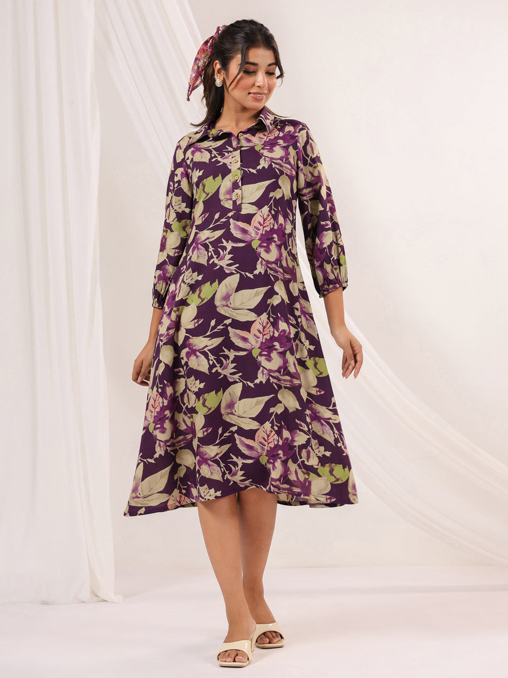 Janasya Dark Cotton Floral A-Line Dress | Grocsy
