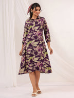 Janasya Dark Cotton Floral A-Line Dress | Grocsy