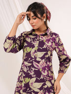 Janasya Dark Cotton Floral A-Line Dress | Grocsy
