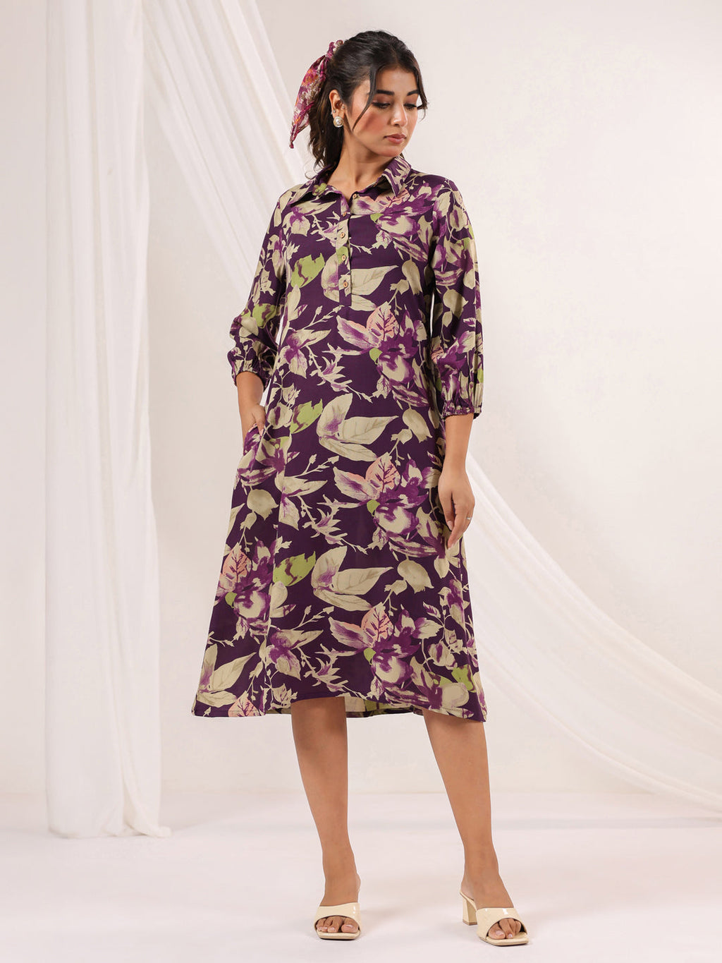 Janasya Dark Cotton Floral A-Line Dress | Grocsy