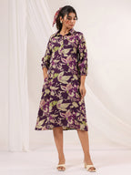 Janasya Dark Cotton Floral A-Line Dress | Grocsy