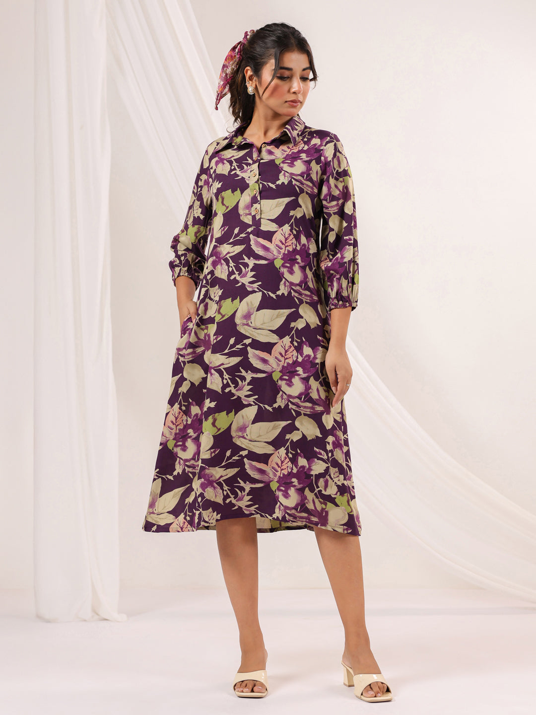 Janasya Dark Cotton Floral A-Line Dress | Grocsy