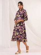 Janasya Dark Cotton Floral A-Line Dress | Grocsy