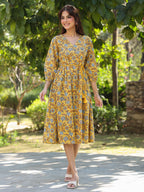 Janasya Bright Cotton Floral A-Line Dress | Grocsy