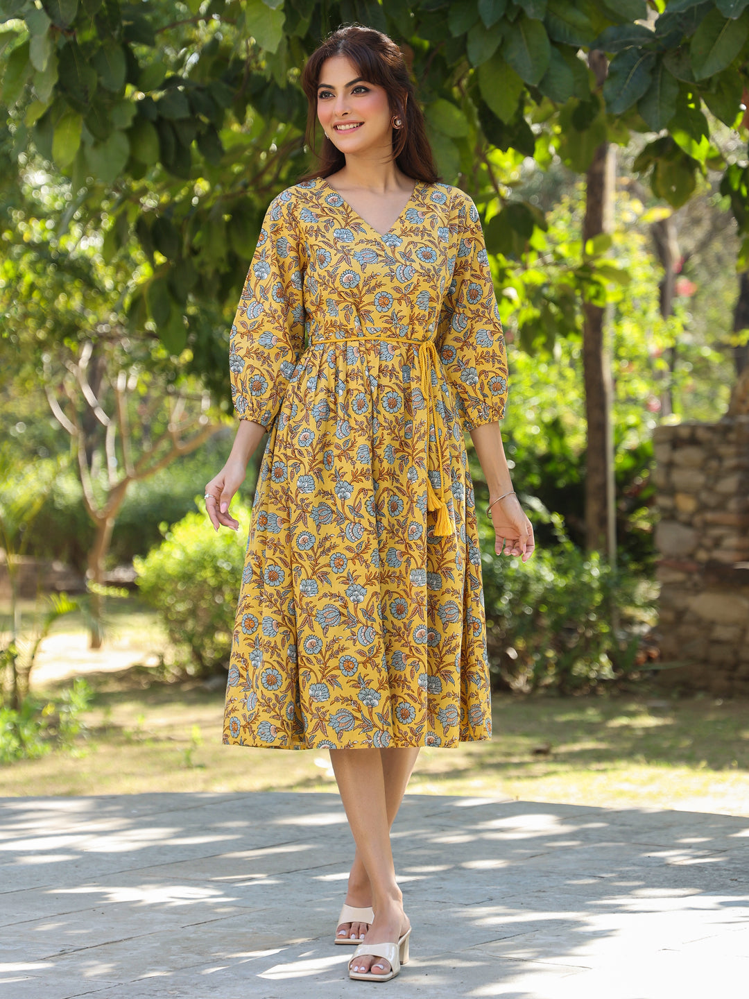 Janasya Bright Cotton Floral A-Line Dress | Grocsy