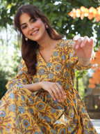 Janasya Bright Cotton Floral A-Line Dress | Grocsy