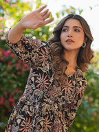 Janasya Dark Cotton Floral A-Line Dress | Grocsy