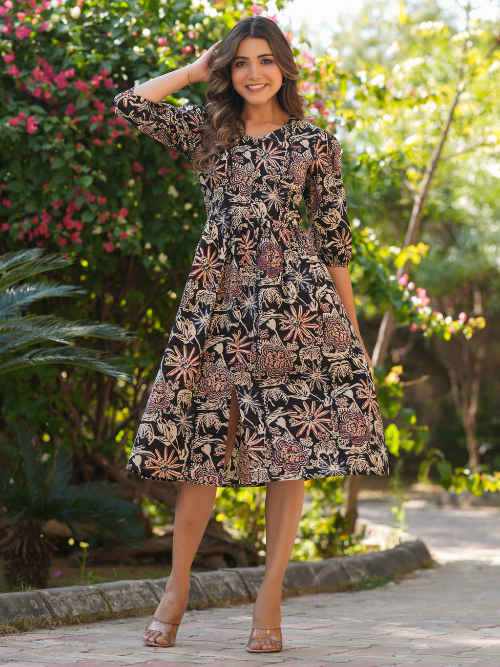 Janasya Dark Cotton Floral A-Line Dress | Grocsy