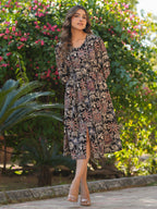 Janasya Dark Cotton Floral A-Line Dress | Grocsy