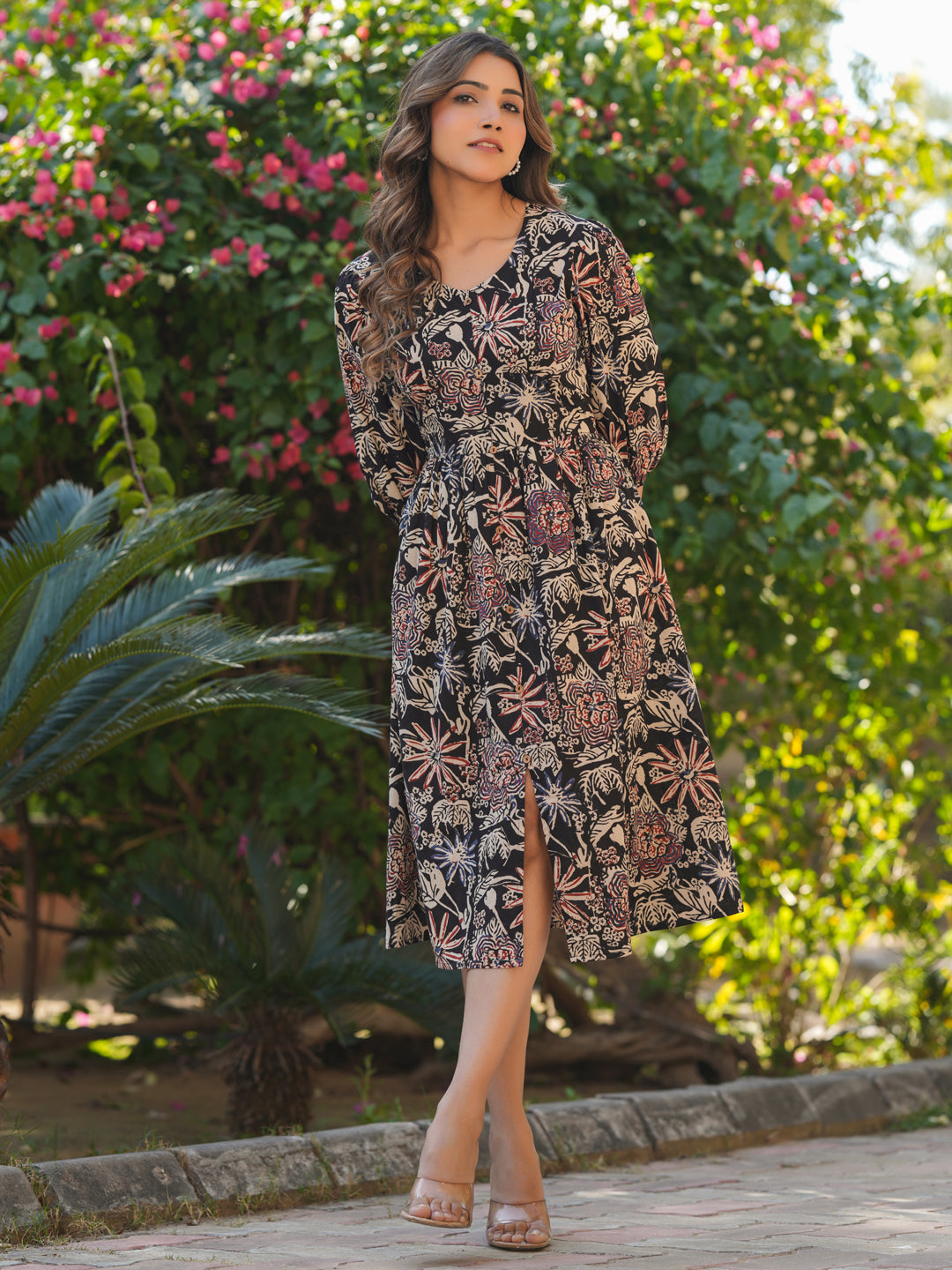 Janasya Dark Cotton Floral A-Line Dress | Grocsy