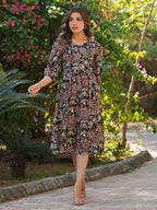 Janasya Dark Cotton Floral A-Line Dress | Grocsy