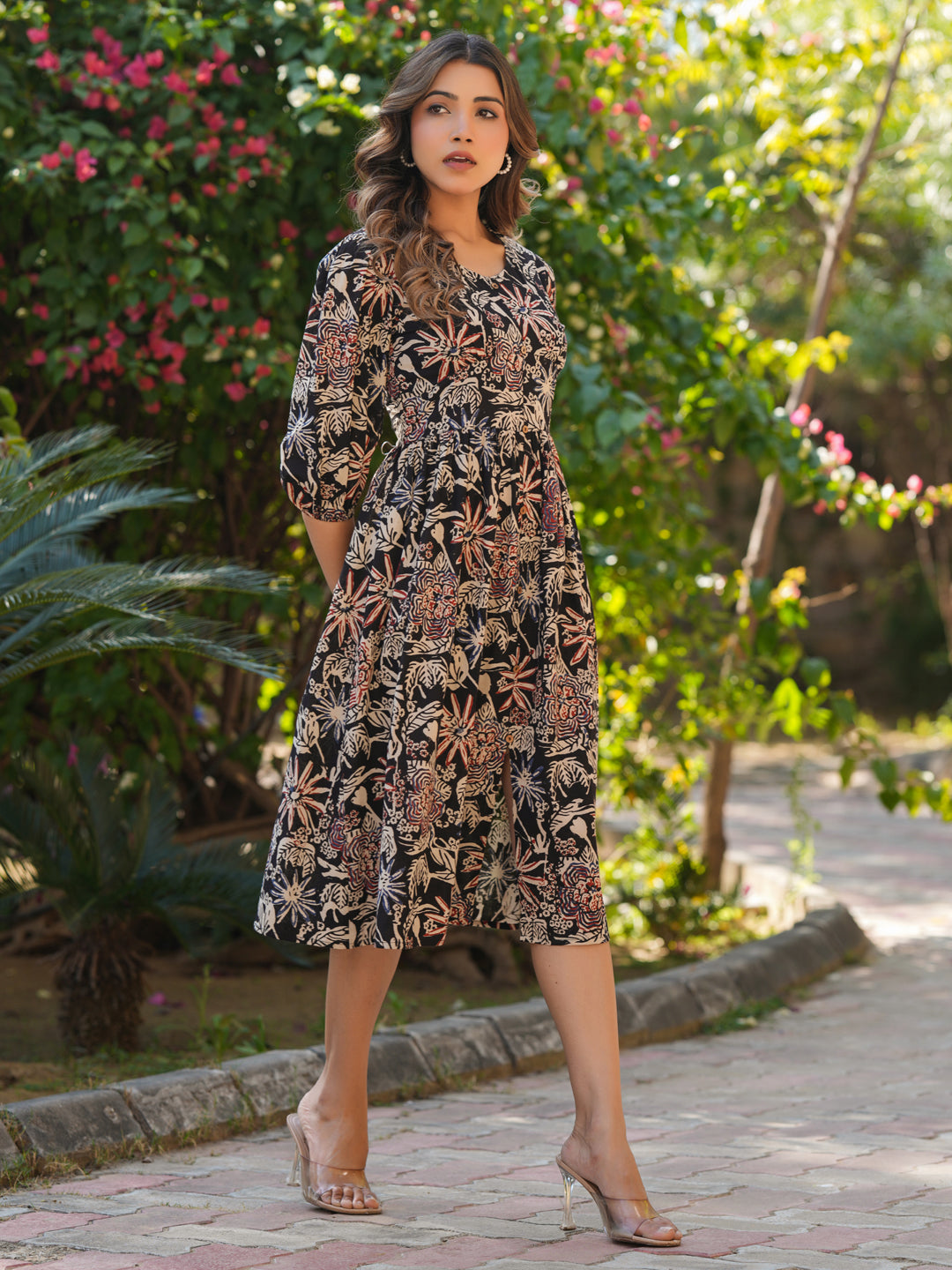 Janasya Dark Cotton Floral A-Line Dress | Grocsy
