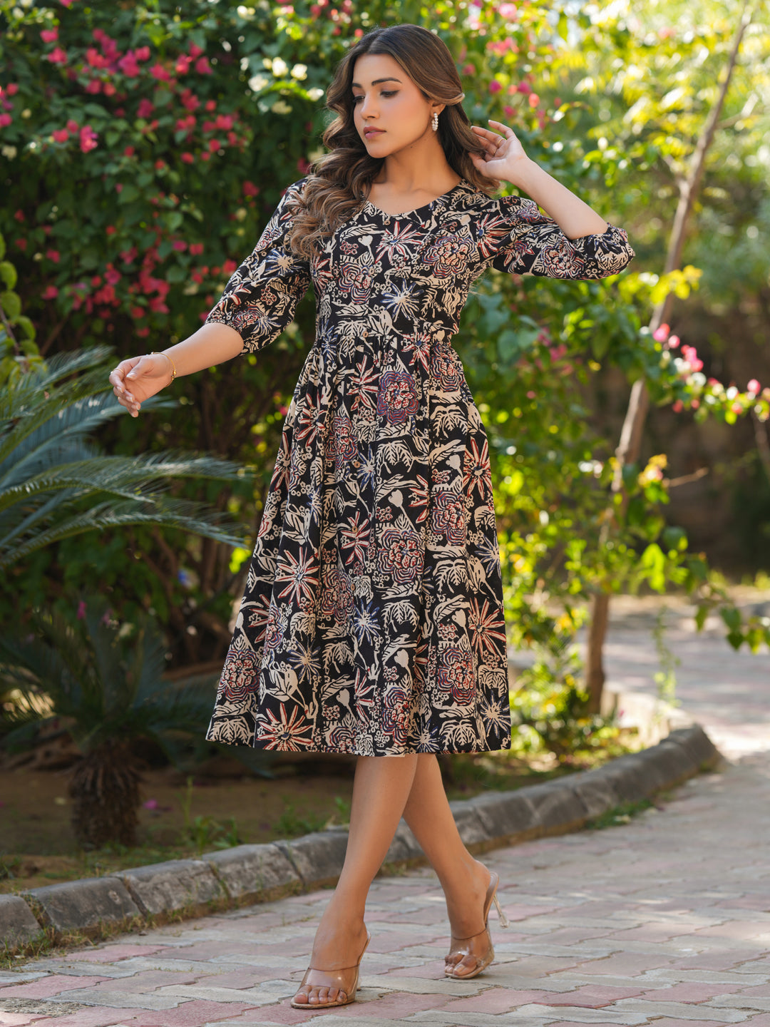 Janasya Dark Cotton Floral A-Line Dress | Grocsy