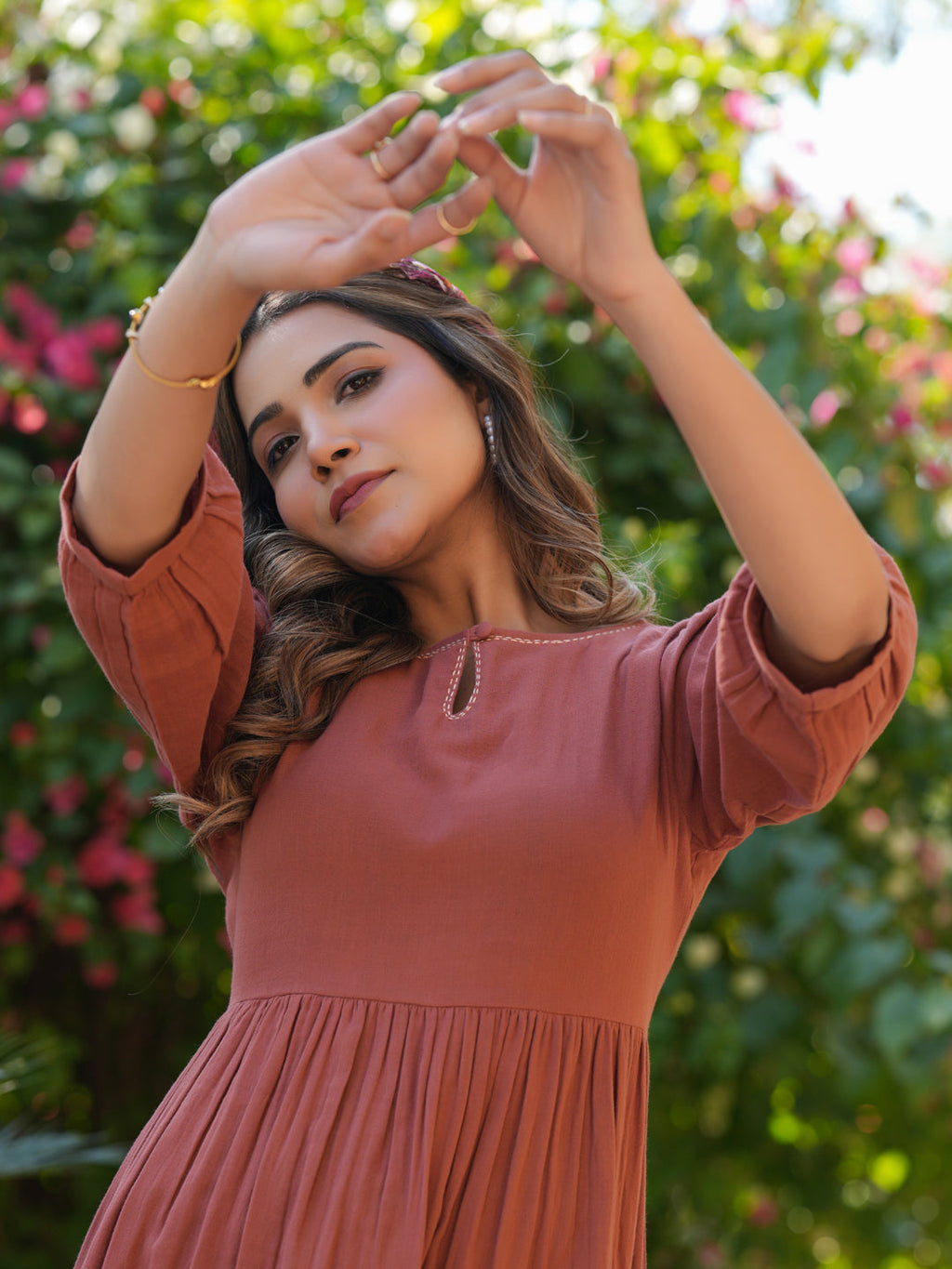 Janasya Dark Cotton Solid Gathered Dress | Grocsy